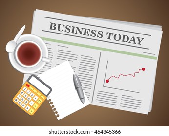 newspaper, tea cup,  blank paper and pen  with calculator