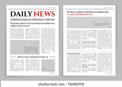 Design de modelo de jornal. Uma maquete de um layout de jornal para uma notícia promocional de negócios, impressão tipográfica. Ilustração de desenhos animados estilo plano vetorial