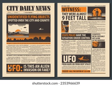 Newspaper template. Extraterrestrial alien, UFO and space planets on newsprint paper vector background. Newspaper front page layout with alien invasion headline, flying saucer and martian articles