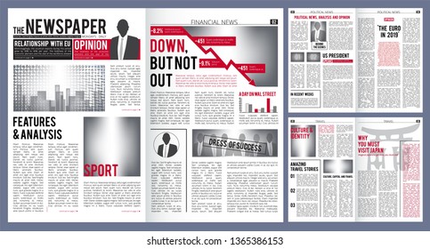 Newspaper template. Print design layout of newspaper cover headline and finance articles with place for text vector. Article press, information news, daily page illustration