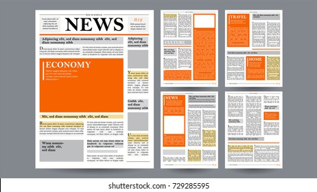 Newspaper Template Vector. Financial Articles News, Advertising Business Information. World News Economy Headlines Story. Design Blank Spaces For Images. Isolated Illustration