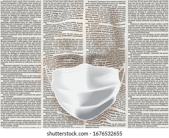 Newspaper texture shaped with schematic human face and a safety breathing mask. The imitation of text in newspaper columns is unreadable.