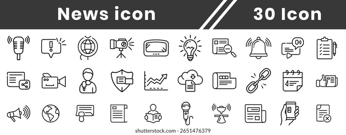 Iconos de línea delgada de periódico establecen la colección. Medios de comunicación y periodismo. VIDEO Programa de televisión, programa, noticias, reportaje y entrevista. colección de iconos de esquema. Ilustración vectorial EPS10