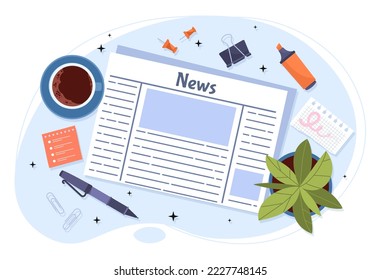 Newspaper top view. Information and mass media. Search for knowledge, evaluation of rumors and facts. Entertainment and recreation. Poster or banner for website. Cartoon flat vector illustration