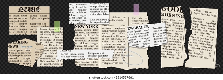 Newspaper torn paper pieces set with uneven edges. Vintage vector elements collection for collage.