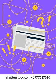 Newspaper update, flat vector concept with speech bubbles isolated on bright contrast yellow and violet background. Urgent news, information overload, messaging, alerts and communication.