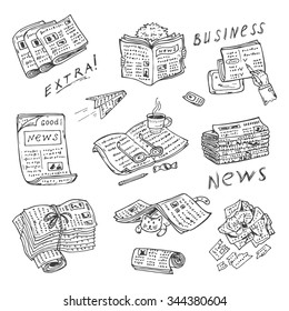 Newspaper vector icons  Newspapers set: stacks   rolls newspapers   magazines    Hand Drawn Doodles illustration