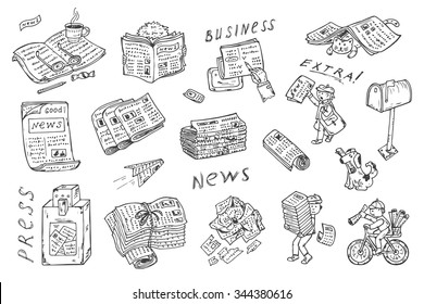 Newspaper vector icons. Newspapers set: stacks and rolls of newspapers, postman, paperboys, pets with newspapers, newspaper vending machine, mailbox - Hand Drawn Doodles illustration