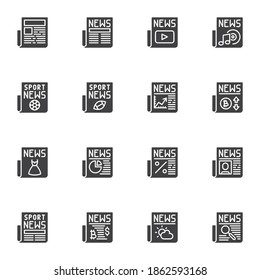 Newspaper vector icons set, modern solid symbol collection, filled style pictogram pack. Signs, logo illustration. Set includes icons as Business newspaper headline, sport news, weather, media