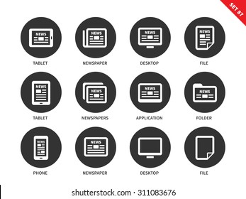 Iconos vectoriales de periódicos establecidos. Medios impresos y moderna tecnología. Iconos para banners y publicidad, noticias en tableta, teléfono, ordenador, archivo y carpeta. Aislado sobre fondo blanco