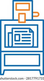 Newspaper vending machine vector icon. Sidewalk box for daily news media and press distribution in blue and orange line art style.