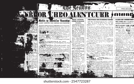 Periódico con texto blanco ilegible. Patrón sin fisuras en blanco y negro con capas caóticas de texto de periódico ilegible