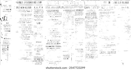 Periódico con texto blanco ilegible. Patrón sin fisuras en blanco y negro con capas caóticas de texto de periódico ilegible