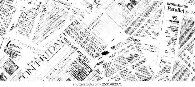 Newspaper with white unreadable text. Vintage grunge blurred paper news texture horizontal background