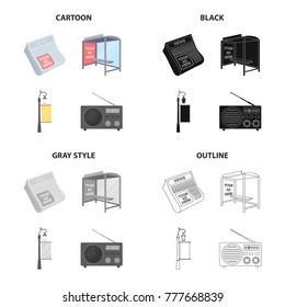 Newspaper, your advertising is here, stop transport, street lamp with banner, radio. Advertising set collection icons in cartoon black monochrome outline style vector symbol stock illustration web.