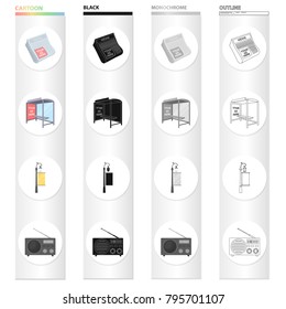 Newspaper, your advertising is here, stop transport, street lamp with banner, radio. Advertising set collection icons in cartoon black monochrome outline style vector symbol stock illustration web.
