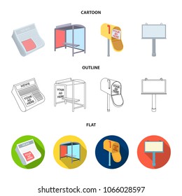 Newspapers, a bus stop, a mail box, a billboard.Advertising,set collection icons in cartoon,outline,flat style vector symbol stock illustration web.