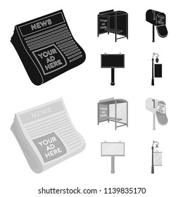 Newspapers, a bus stop, a mail box, a billboard.Advertising,set collection icons in black,monochrom style vector symbol stock illustration web.