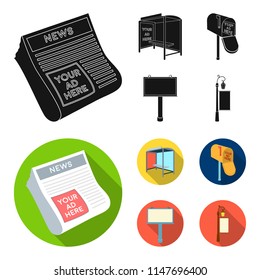 Newspapers, a bus stop, a mail box, a billboard.Advertising,set collection icons in black, flat style vector symbol stock illustration web.
