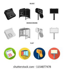 Newspapers, a bus stop, a mail box, a billboard.Advertising,set collection icons in black, flat, monochrome style vector symbol stock illustration web.