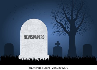 Newspapers are dead. Grave concept of decline in obsolete paper newspapers and magazines.