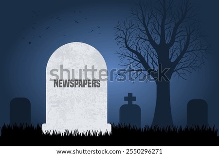 Newspapers are dead. Grave concept of decline in obsolete paper newspapers and magazines.