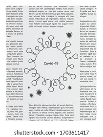 Periódicos con texto de lorem ipsum y signo de coronavirus con texto COVID-19.