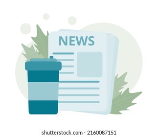 Newspapers, morning coffee with world news. Flat design icon, vector illustration