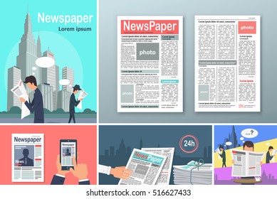 Newspapers. News is Available 24 h Concept Banners Set. People read newspapers in big cities. Source of information. Person reading newspaper in cafe. Newspapers in your phone. Vector illustration.