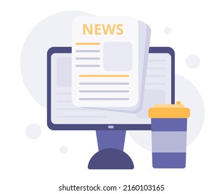 Newspapers, News On A Computer Monitor, Morning Coffee With World News. Flat Design Icon, Vector Illustration