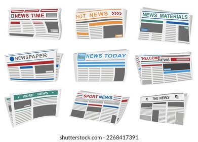 Newspapers set graphic elements in flat design. Bundle of periodical publications with different article headers, news times, world tabloids, paper mass media. Vector illustration isolated objects