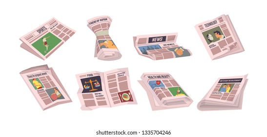 Newspapers with sports events vector, set of paper with information. Tabloids with food and technology innovations, politics and daily articles, health