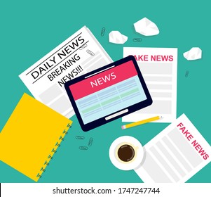 Newspapers and tablet computer with news on blue background, vector illustration in flat style