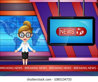 Newsreader is broadcasting on TV
