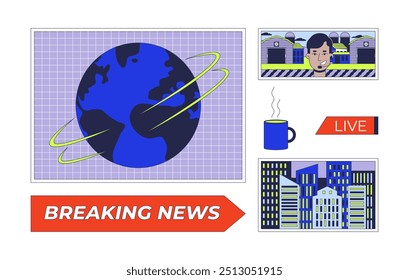Newsroom setup displays 2D cartoon objects set. Headlines breaking news screens isolated elements flat vector cliparts on white background. Live broadcasting reporter. Spot illustrations collection
