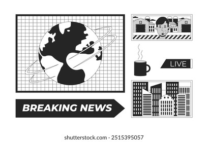 Newsroom setup displays black and white 2D line objects set. Headlines breaking news isolated clip arts vector outline items collection. Live broadcasting reporter. Monochrome spot illustrations