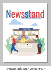 Newsstand banner or poster design with cartoon people, flat vector illustration. News publishing and print media concept of banner with people buying newspapers in kiosk.