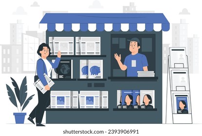 Newsstand selling newspapers and magazines illustration vector