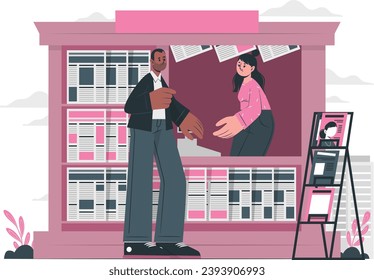 Newsstand selling newspapers and magazines illustration vector