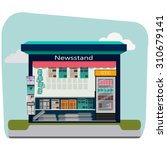 Newsstand selling newspapers and magazines.Press kiosk. Vector illustration.