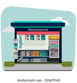 Newsstand selling newspapers and magazines.Press kiosk. Vector illustration.