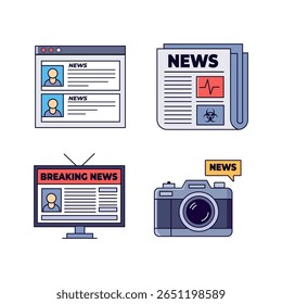 News-themed vector set: web browser with articles, newspaper, TV news, and a camera reporting "NEWS." Ideal for media and information designs.