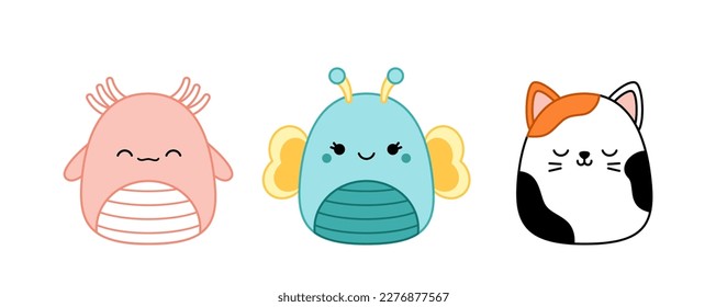 Newt, butterfly, cat, triton,. Squishmallow. Cute soft plush toy. Pillow. Kawaii, cartoon. Isolated vector illustration eps 10