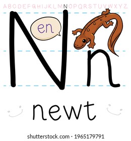 Newt lizard climbing over the letters N, ready for an alphabetical adventure learning.