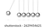 Newton cradle with balancing pendulum of hanging silver metal balls. Classic physics demonstration of momentum and energy transfer. 3d realistic vector illustration.