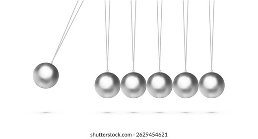 Newton cradle with balancing pendulum of hanging silver metal balls. Classic physics demonstration of momentum and energy transfer. 3d realistic vector illustration.