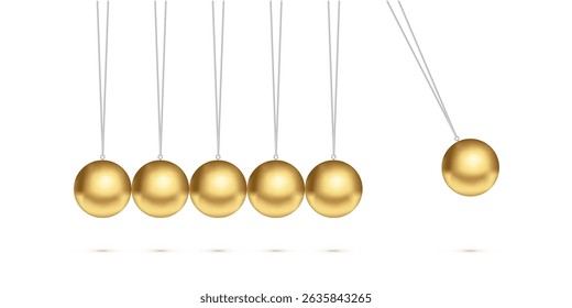 Newton cradle with balancing pendulum of hanging golden metal balls. Classic physics demonstration of momentum and energy transfer. 3d realistic vector illustration.
