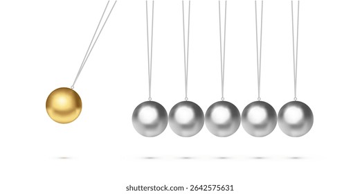 Newton cradle with balancing pendulum of hanging metal silver and one golden balls. Classic physics demonstration of momentum and energy transfer. 3d realistic vector illustration.