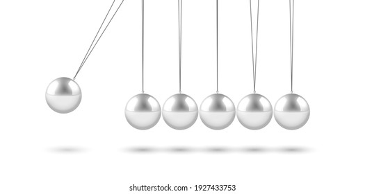 Newton cradle with balancing pendulum of silver metal balls hanging on white background isolated with shadows. 3d realistic vector illustration
