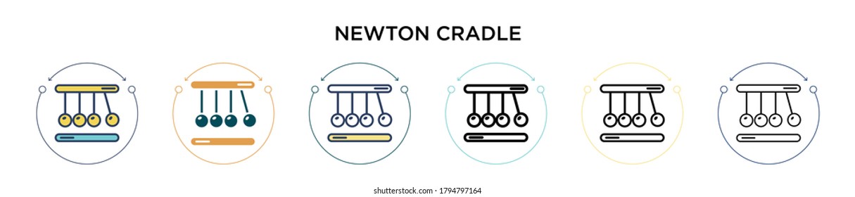 Icono de la cuna de Newton en estilo relleno, delgado, contorno y trazo. Ilustración vectorial de dos diseños de vectores de cuna de newton de color y negro se pueden utilizar para móviles, ui, web